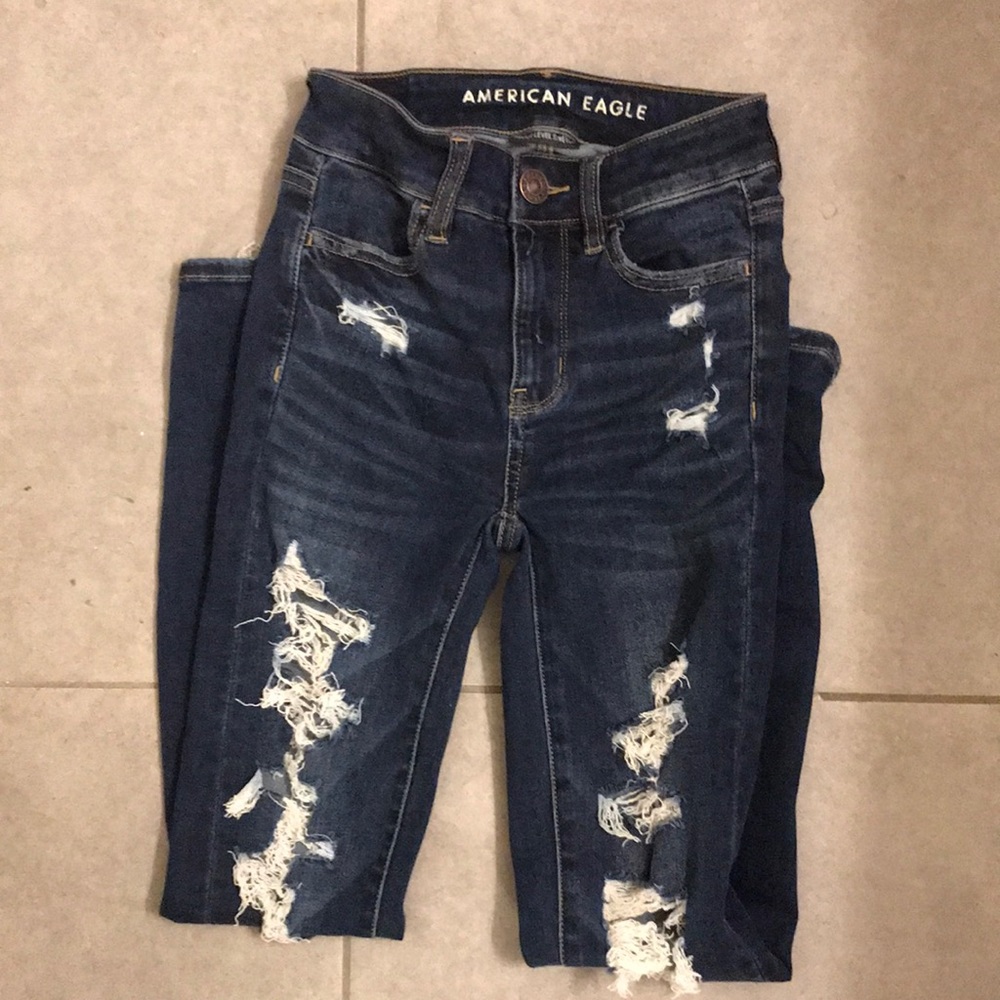 LIKE NEW AE Hi rise Distressed jean leggings dark wash
